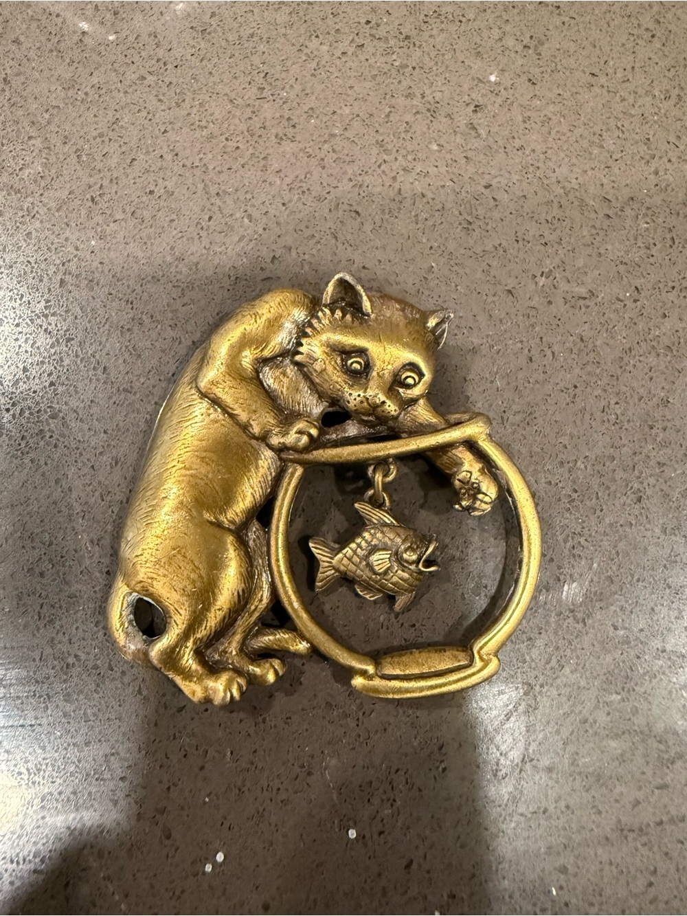 Vintage Brass Cat with Fish Bowl Figurine